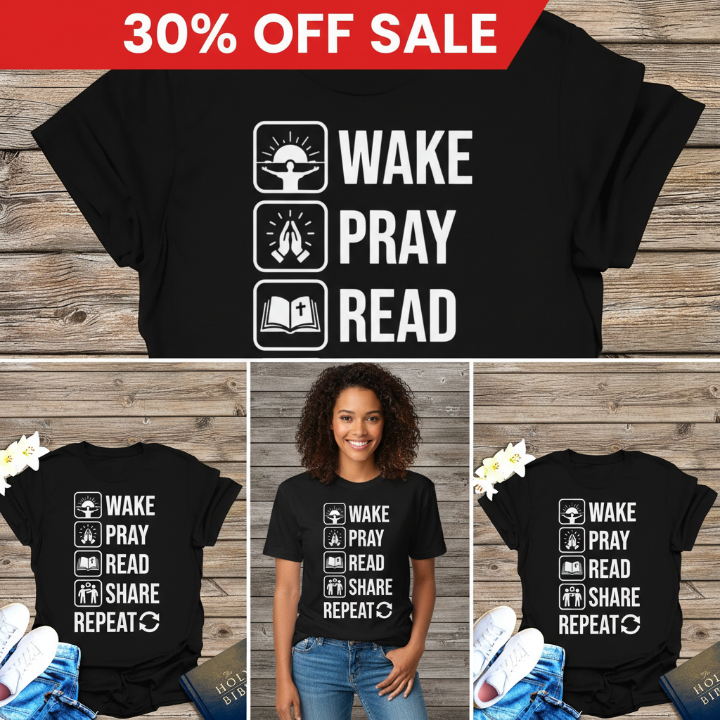 Wake Pray Read Share Repeat T-Shirt_triple_model