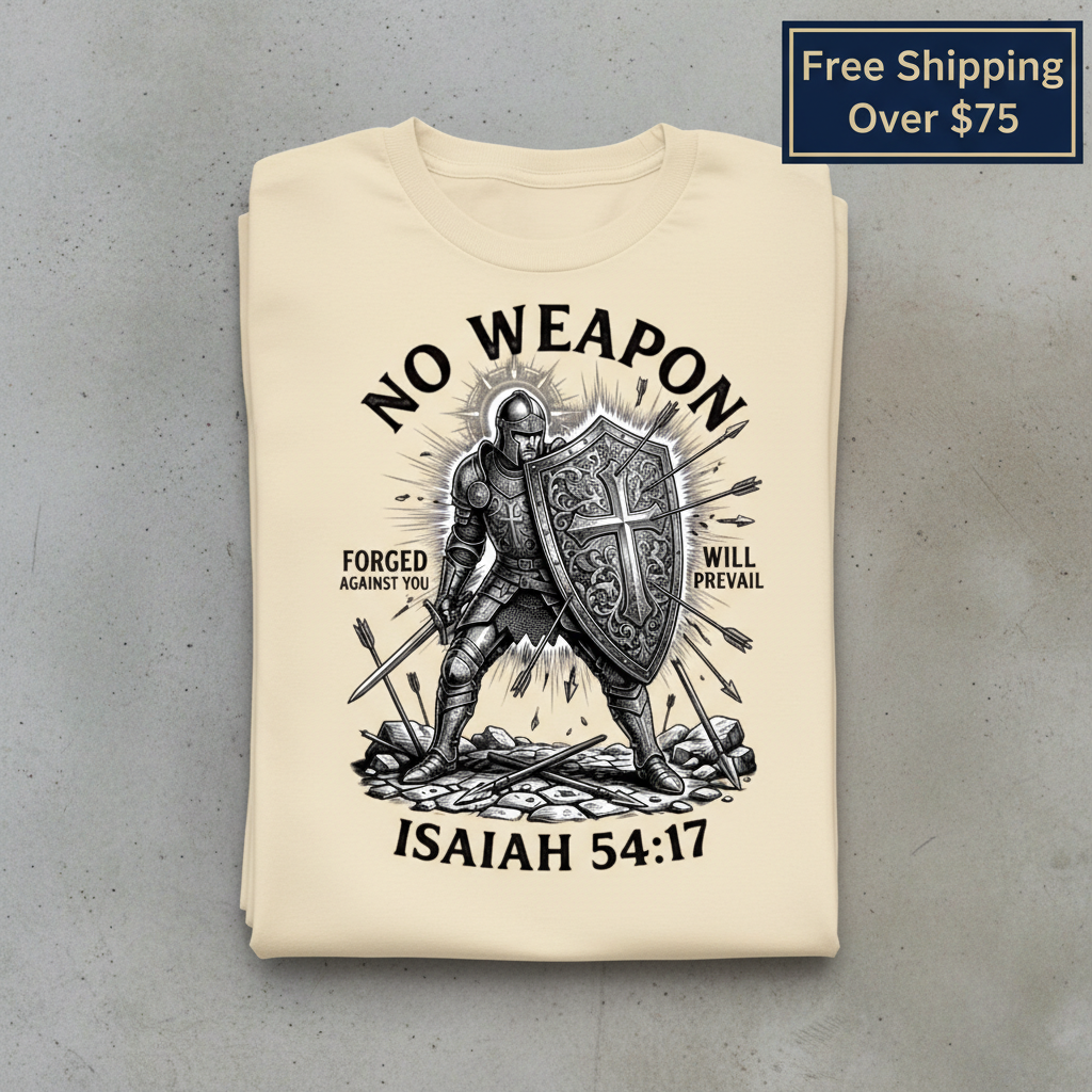 No Weapon Shall Prevail T-Shirt_stacked_flatlay