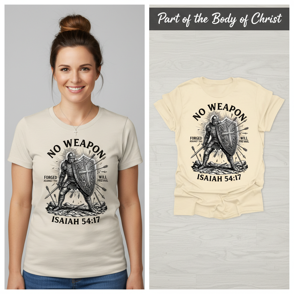 No Weapon Shall Prevail T-Shirt_model_flat