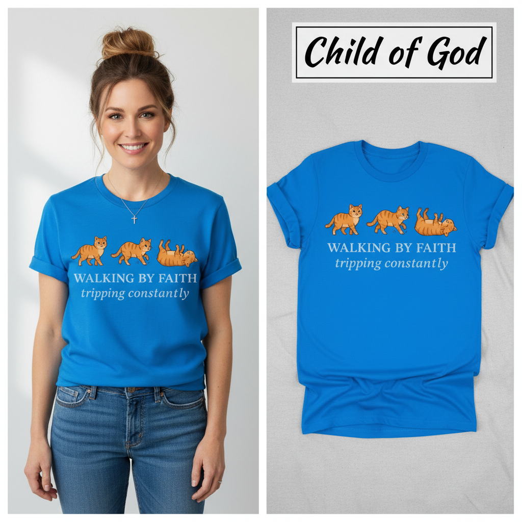 Walking By Faith Cat T-Shirt_model_flat
