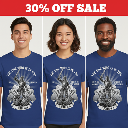 Greater Is He Warrior Scripture T-Shirt_triple_model