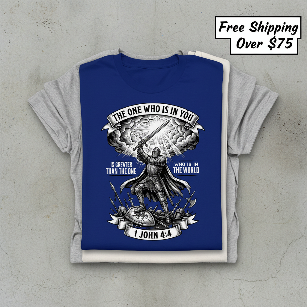 Greater Is He Warrior Scripture T-Shirt_stacked_flatlay