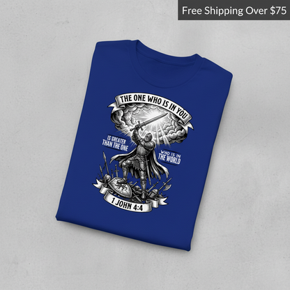 Greater Is He Warrior Scripture T-Shirt_fold_tilt