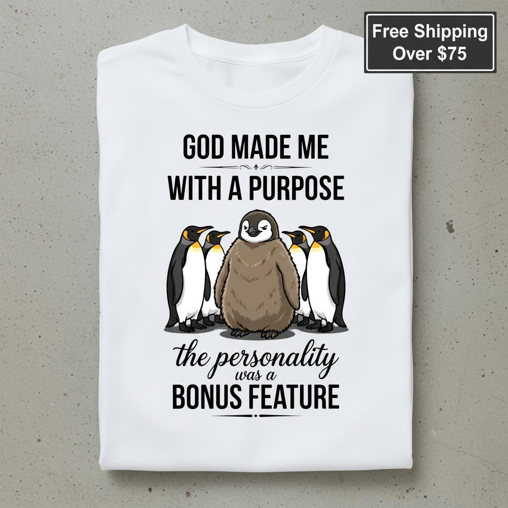 Purpose and Personality Penguin T-Shirt_stacked_flatlay