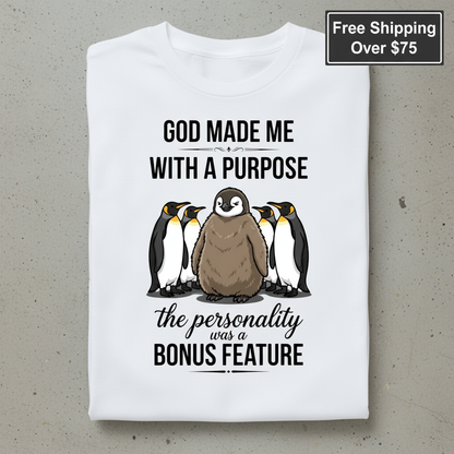 Purpose and Personality Penguin T-Shirt_stacked_flatlay