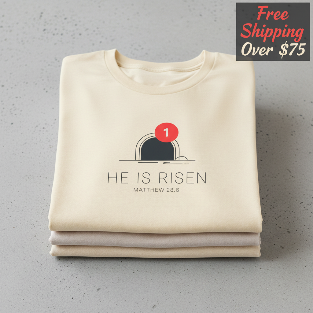 He Is Risen Notification T-Shirt_stacked_flatlay