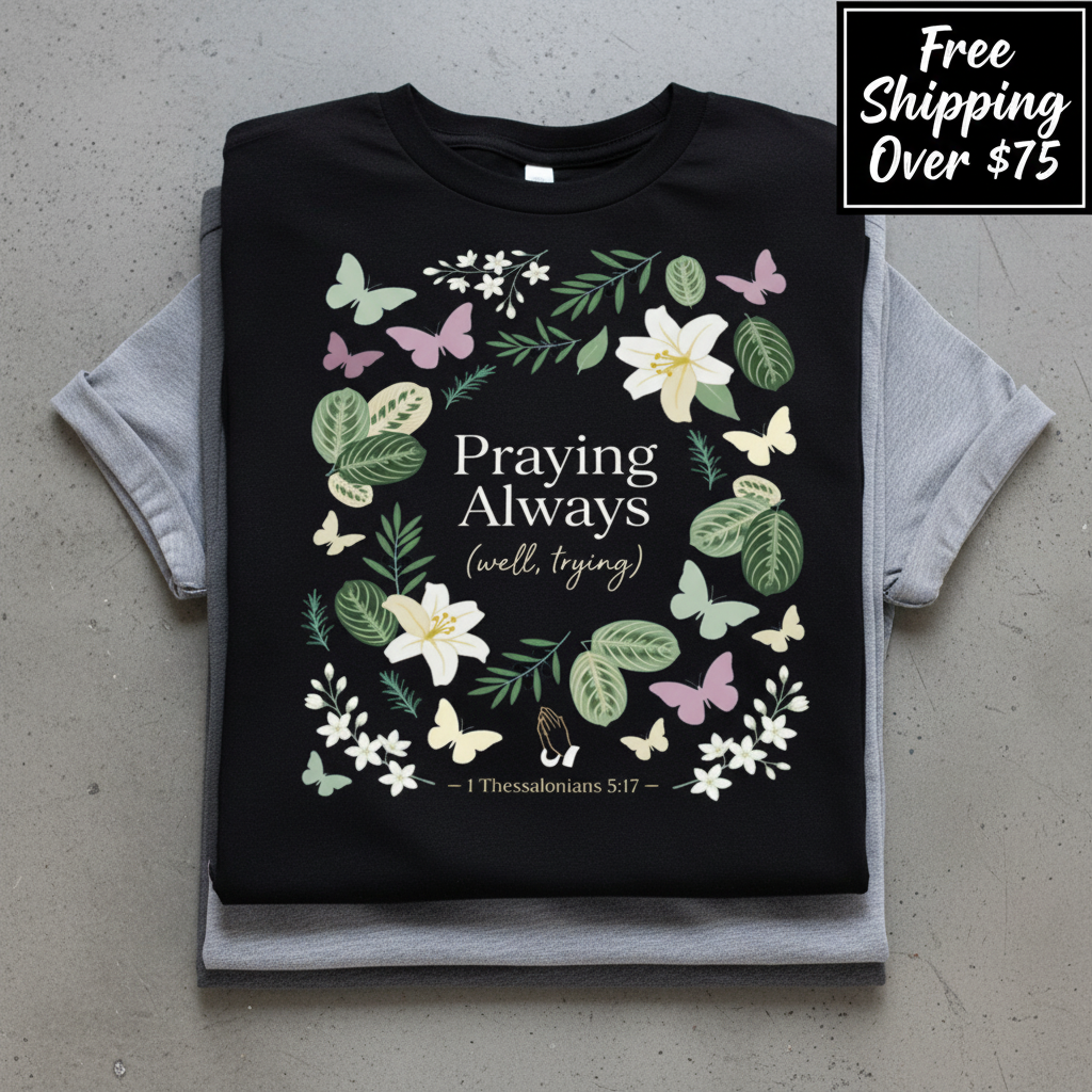 Praying Always (Well, Trying) T-Shirt_stacked_flatlay