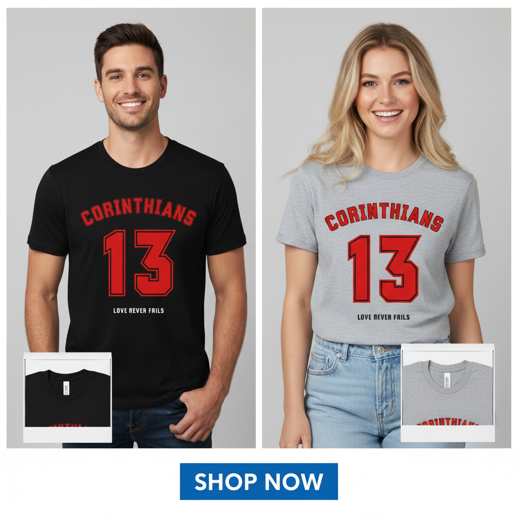 Corinthians 13 Love Never Fails T-Shirt_dual_model_life