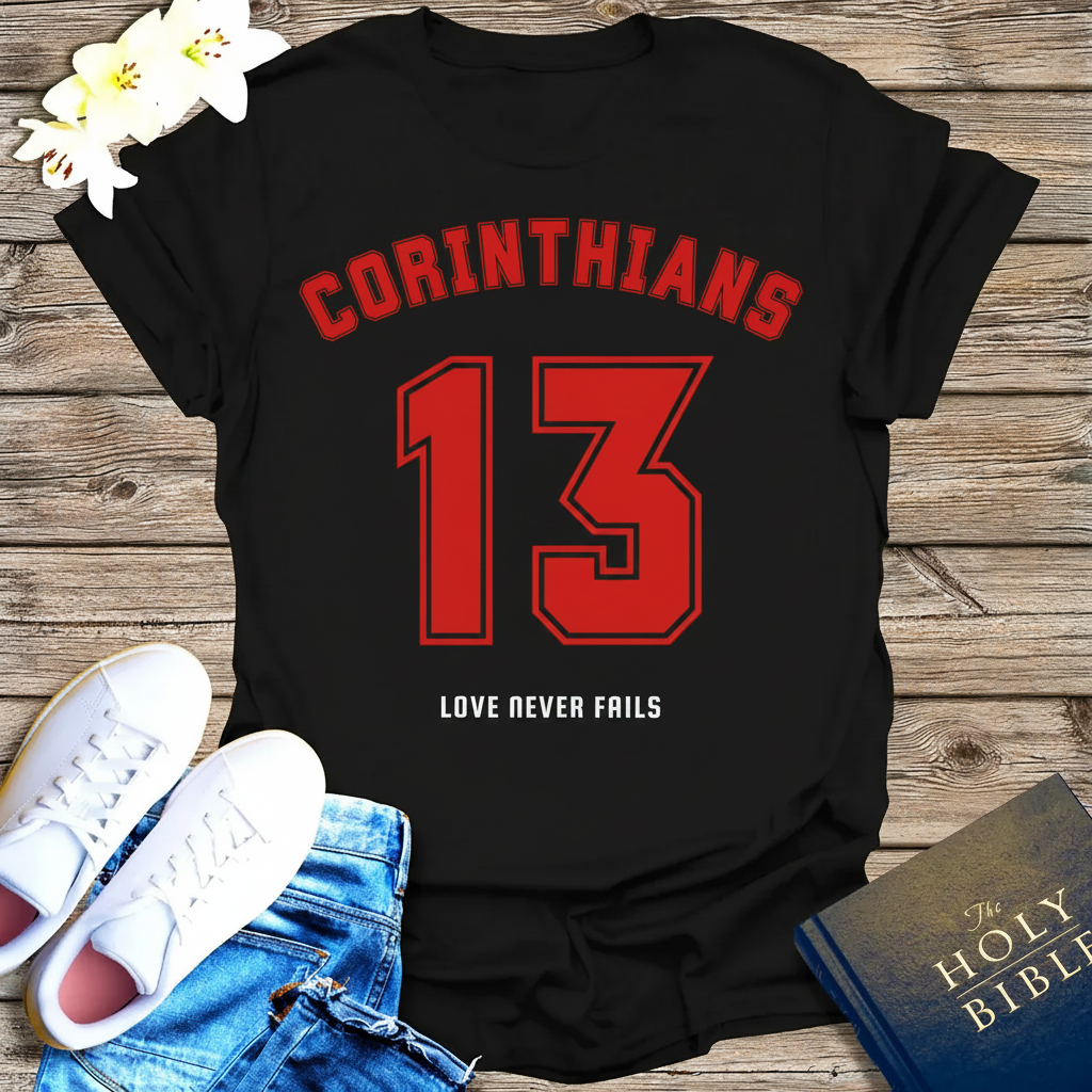 Corinthians 13 Love Never Fails T-Shirt_triple_model