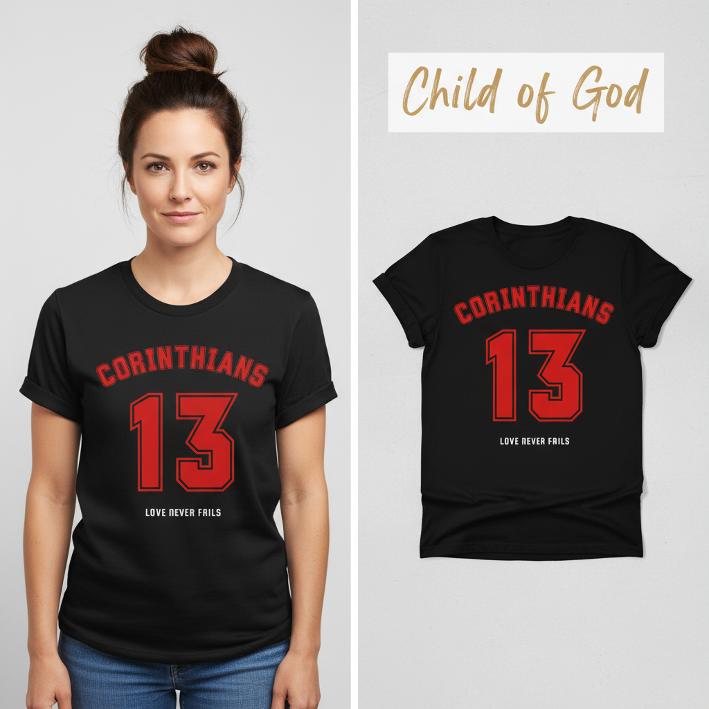 Corinthians 13 Love Never Fails T-Shirt_model_flat