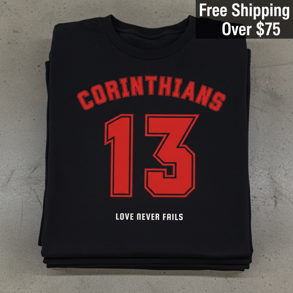Corinthians 13 Love Never Fails T-Shirt_stacked_flatlay