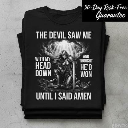 Warrior of Amen Faith Armor T-Shirt_stacked_flatlay