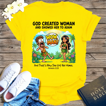 Wow, Man! Creation Humor T-Shirt_dual_model_life