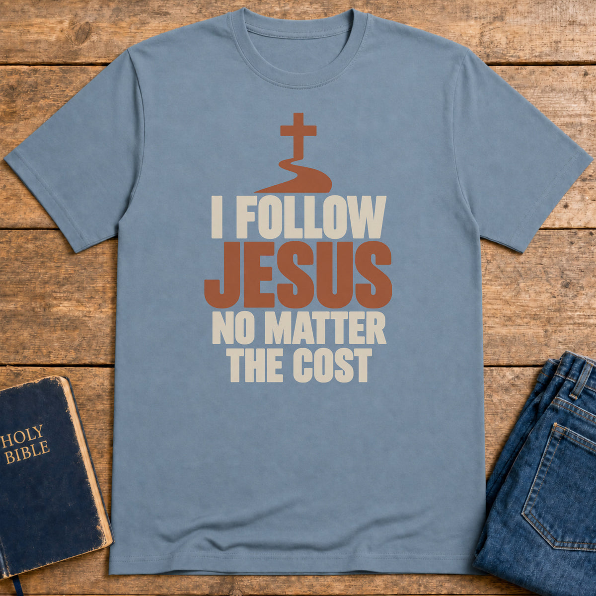 Counting the Cost T-Shirt — Stone Blue