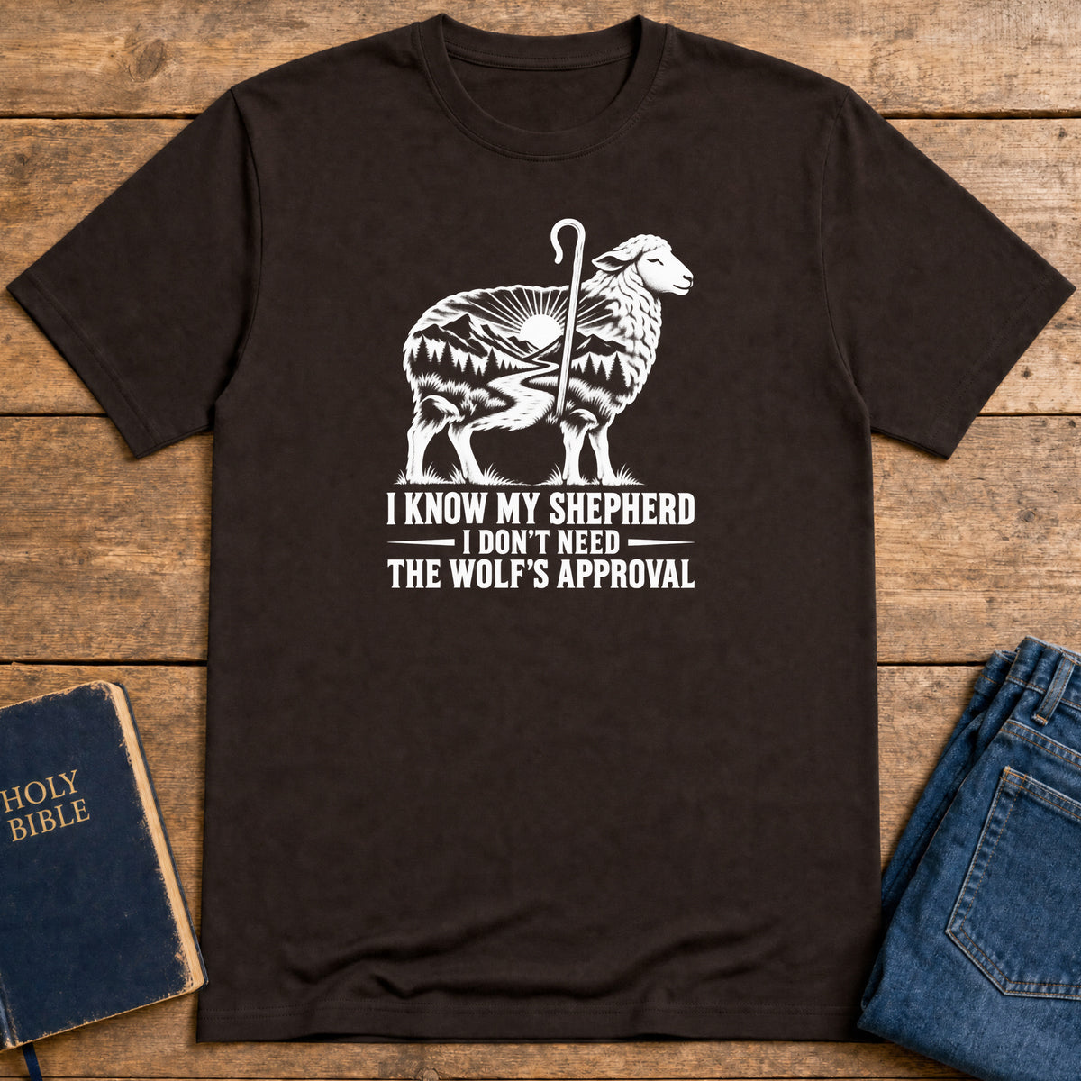 Shepherd Over Wolves T-Shirt — Dark Chocolate