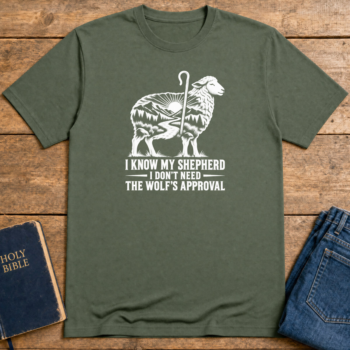 Shepherd Over Wolves T-Shirt — Military Green