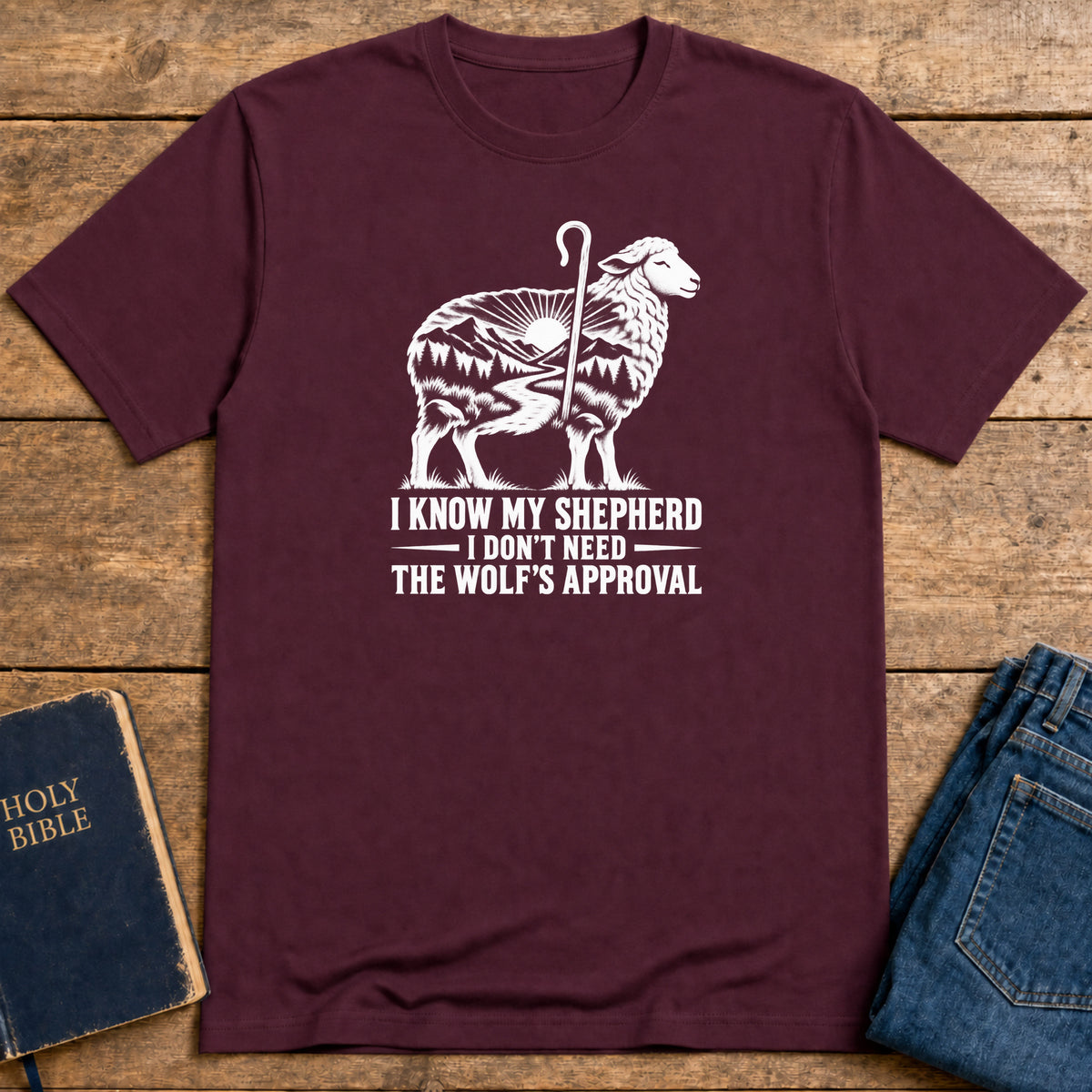 Shepherd Over Wolves T-Shirt — Maroon