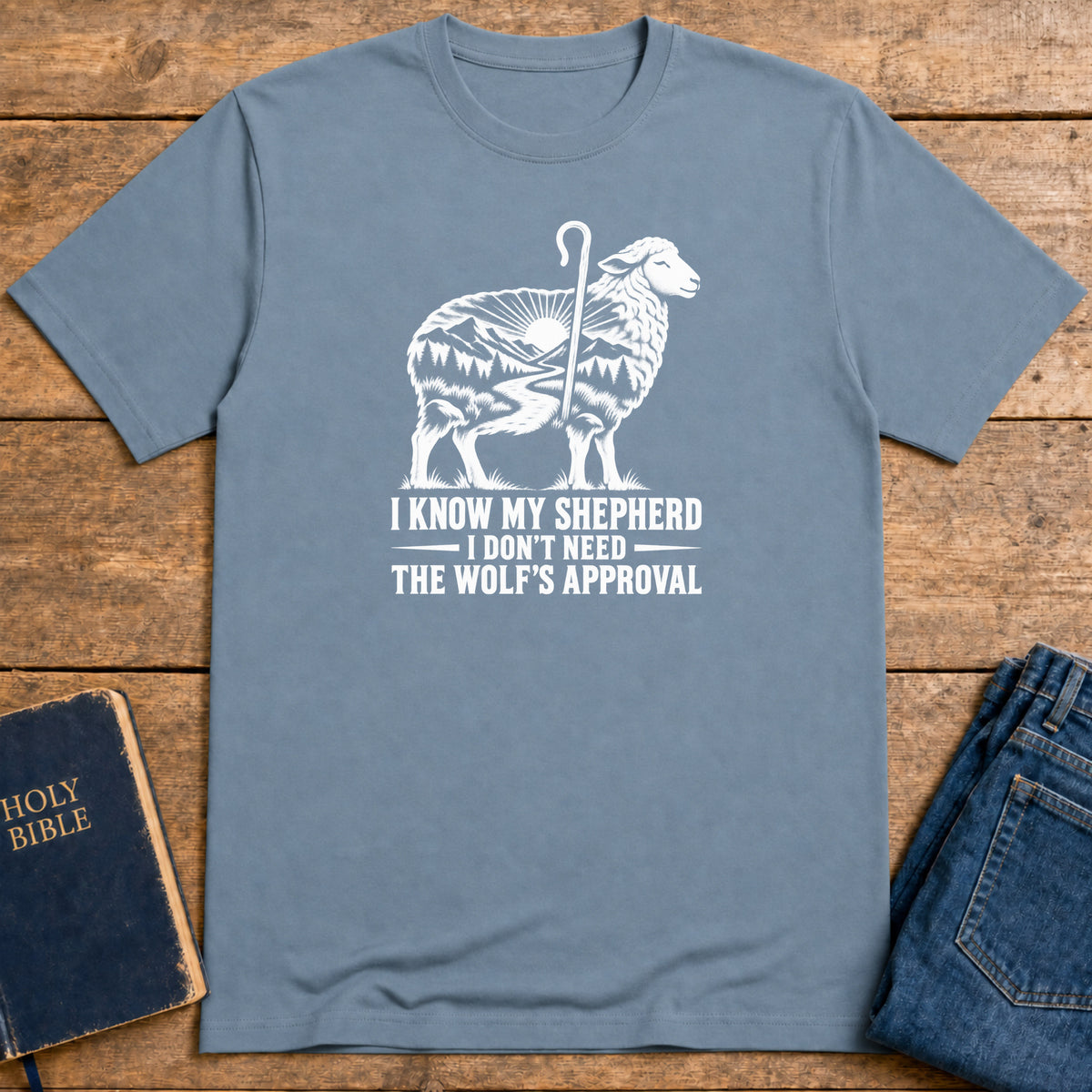 Shepherd Over Wolves T-Shirt — Stone Blue