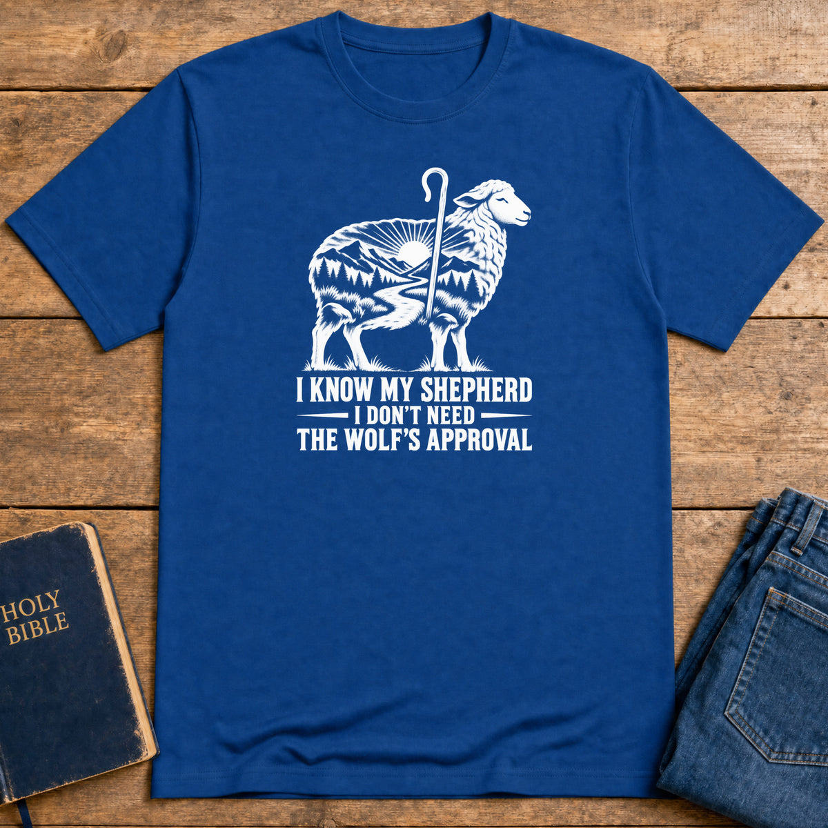 Shepherd Over Wolves T-Shirt — Royal